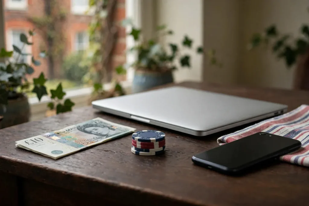 A £10 note and casino chips beside closed devices