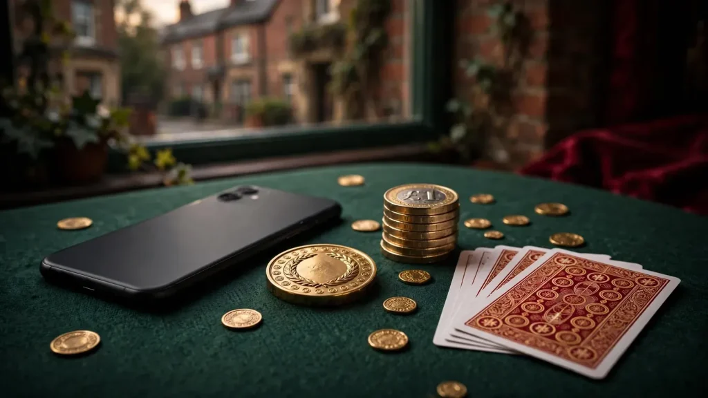 Smartphone, British coins, tokens and playing cards for a free-spins promotion