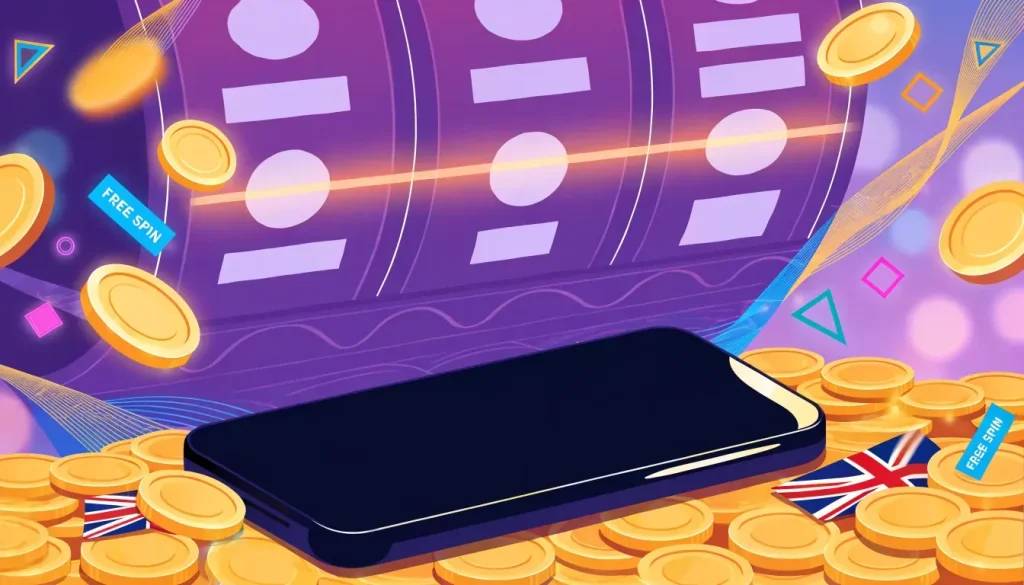 Stylized slot machine with glowing free-spin coins and a UK flag