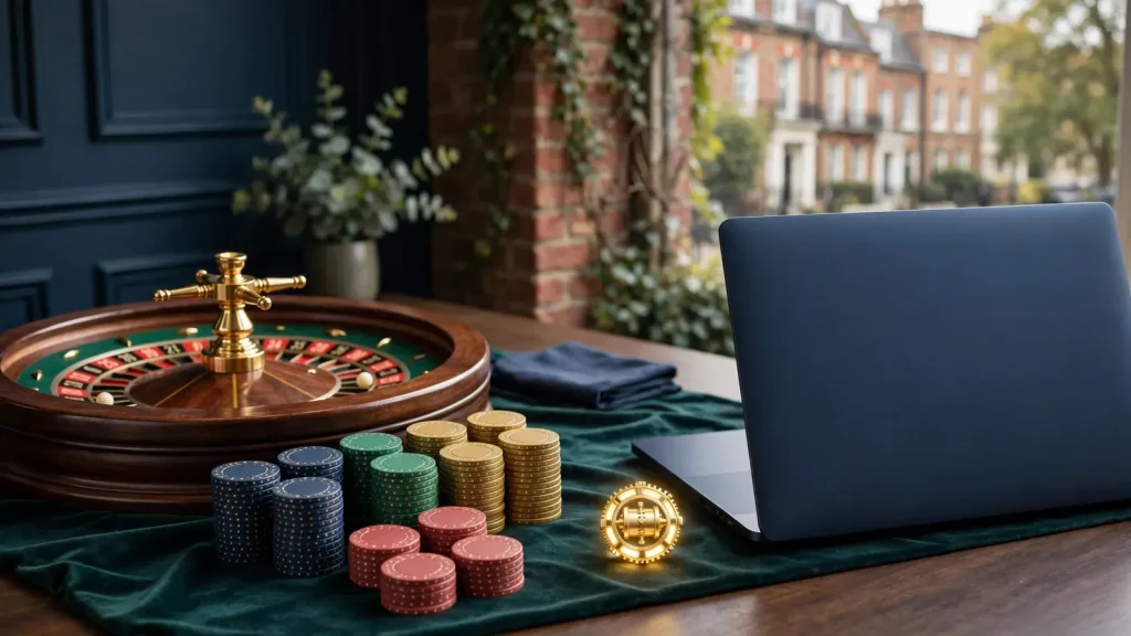 Casino chips, roulette wheel, and closed laptop representing UK free spins