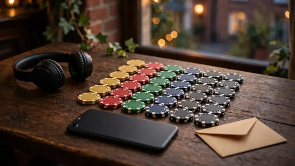 Face-down phone with forty casino chips representing a UK free-spins promotion.