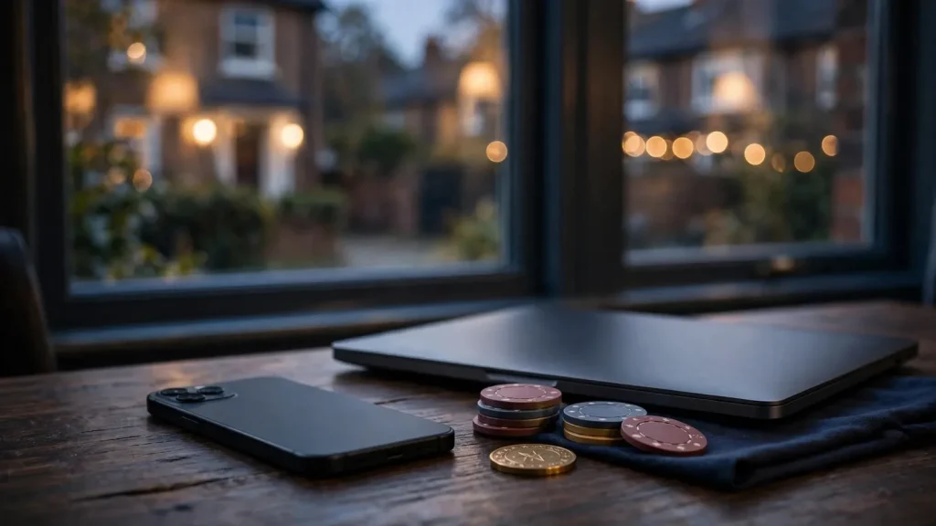 Elegant UK casino-themed still life with a hidden phone and chips