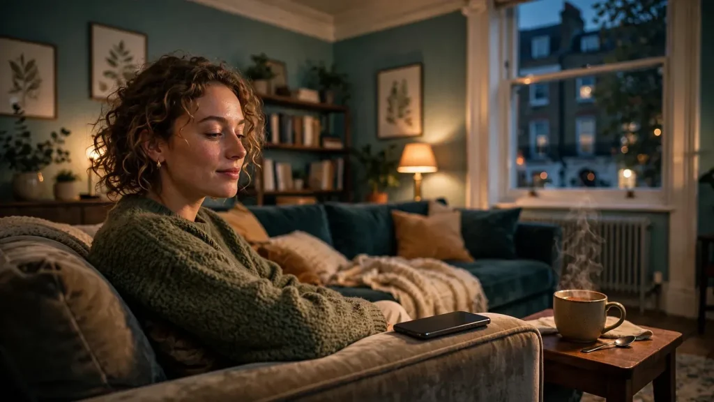 Person relaxing at home in a London flat with a phone and tea.