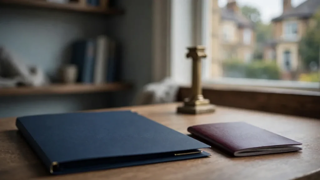 Licence folder, passport, and UK courthouse motif on a desk