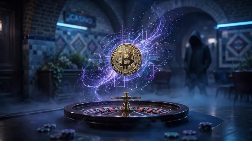 Stylized Bitcoin coin above roulette wheel with anonymous hooded figure in moody casino.