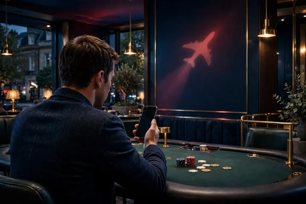 Modern British casino scene with player, concealed smartphone and colourful chips