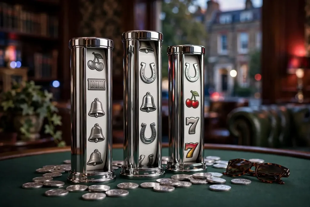 Three chrome slot reels and silver tokens on a green gaming table.