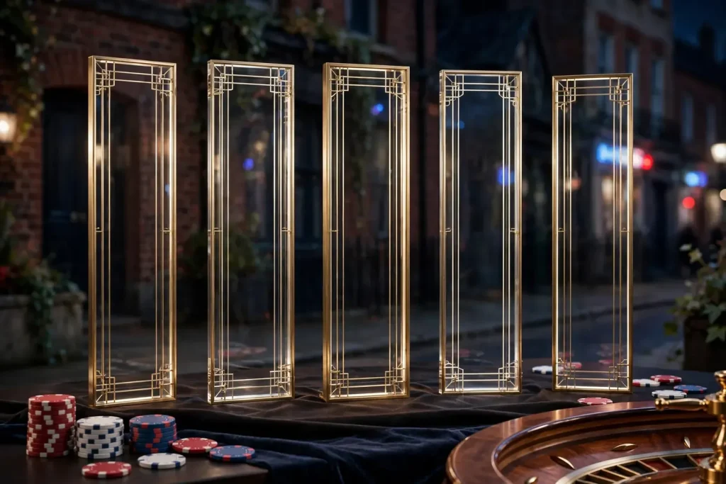 Elegant five-column casino still life evoking a modern UK slot guide