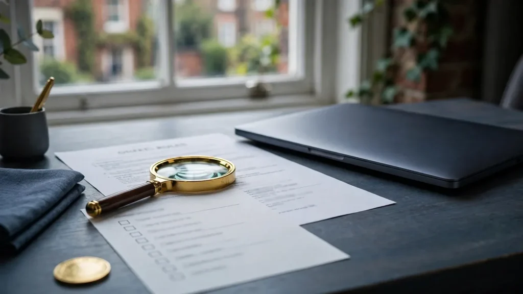 Closed laptop and magnifying glass examining a UK casino rules checklist