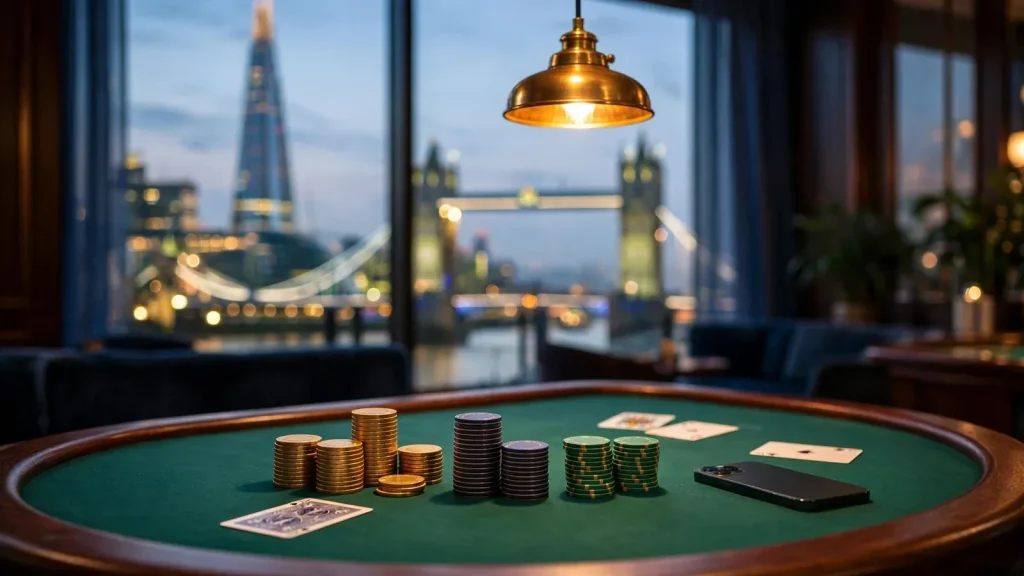 Casino chips and cards on a green felt table with London skyline at dusk