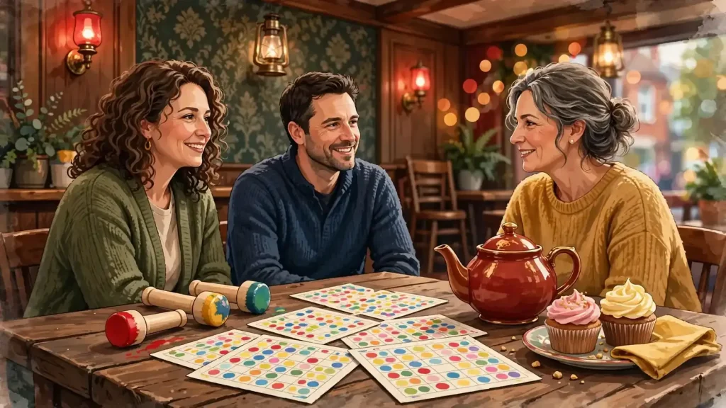 Cozy UK bingo hall scene with daubers, tickets, and British tea treats