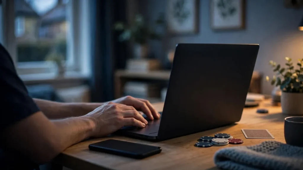 UK player checking a casino game lobby on a turned-away laptop