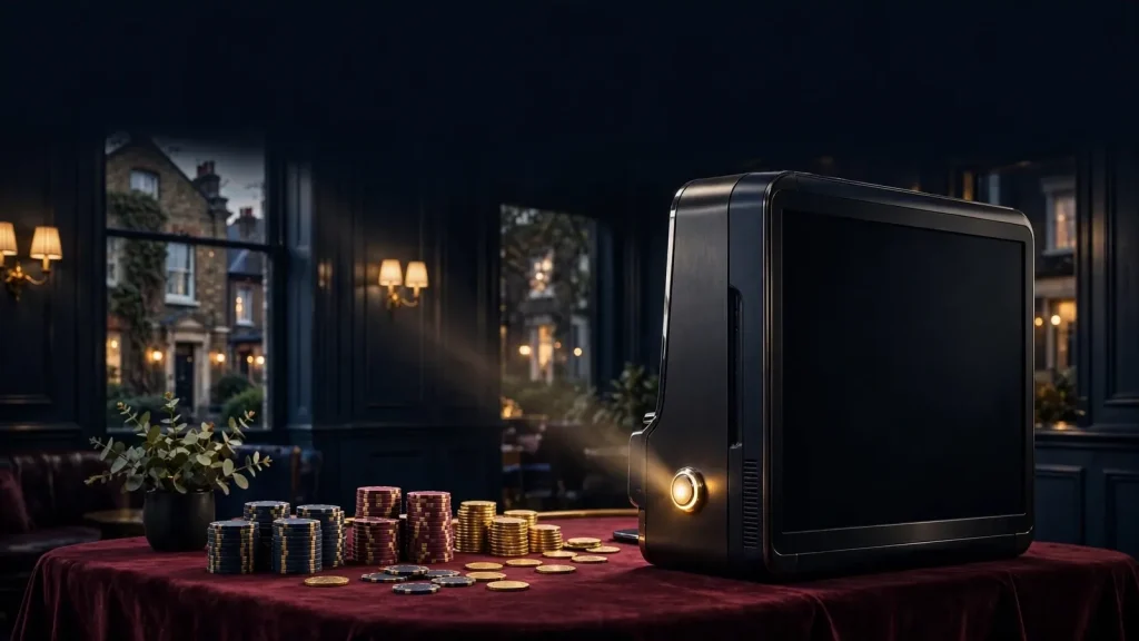 Blank-screened slot machine with casino chips in a premium British setting
