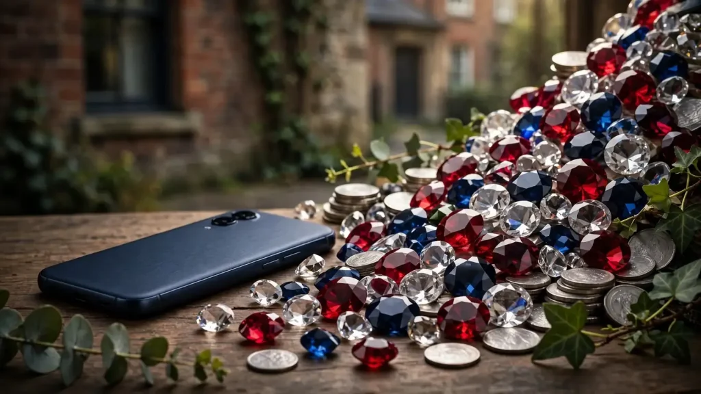 Turned-down phone, cascading gemstones, and silver tokens in a premium UK casino still life.