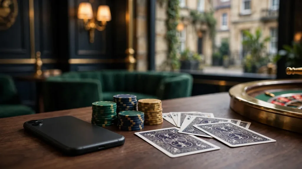 Smartphone beside casino chips and roulette wheel in a premium UK lounge