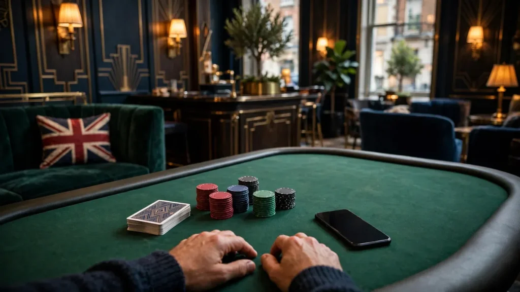 Anonymous player with face-down phone, chips and cards in an elegant British casino lounge