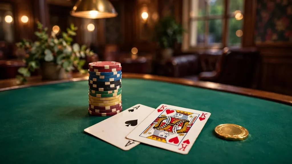 Casino table with stacked chips, playing cards and a golden bonus token under warm lamp light.