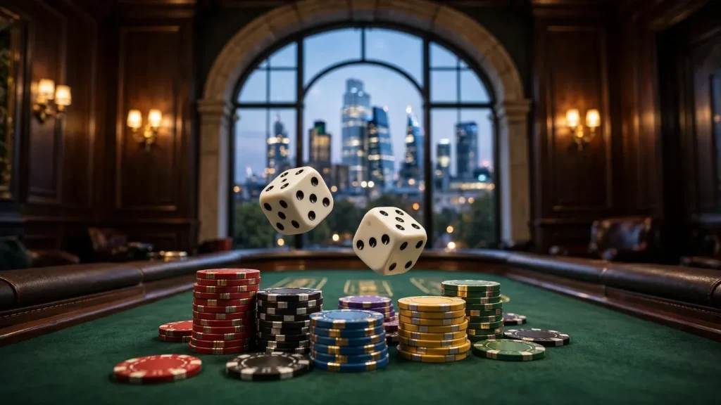 Craps dice and casino chips on green felt with London skyline at dusk