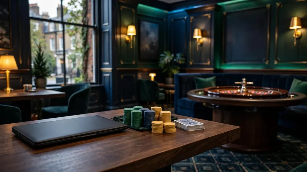 Modern UK casino lounge with closed laptop, cards, chips, and roulette wheel