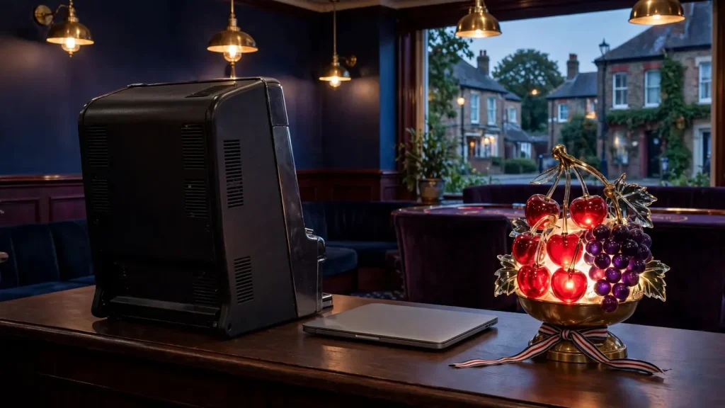 UK casino counter with a closed laptop, slot machine and fruit sculptures