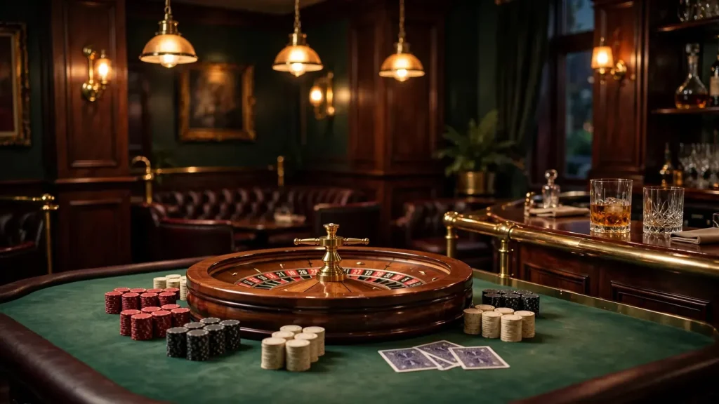 Elegant UK casino lounge with roulette wheel, chip stacks, and cards on green felt