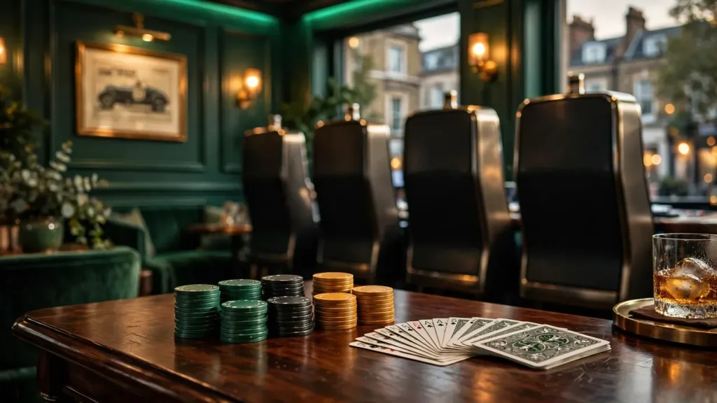 Elegant UK casino lounge with slot cabinets and a gaming table