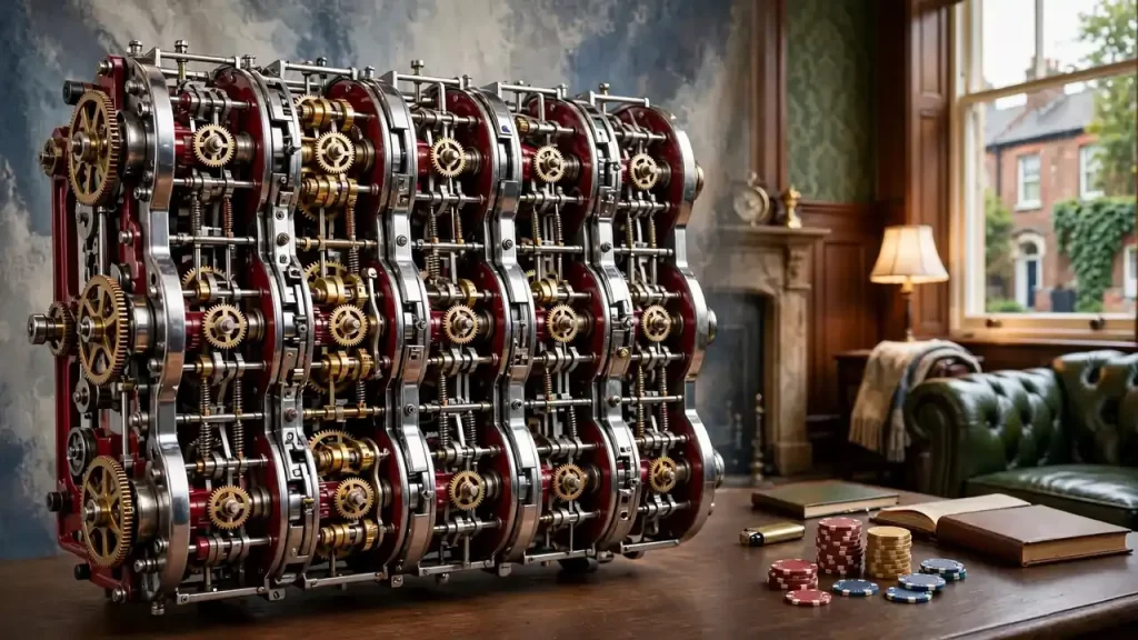 Vintage slot machine mechanism in a premium British casino atmosphere