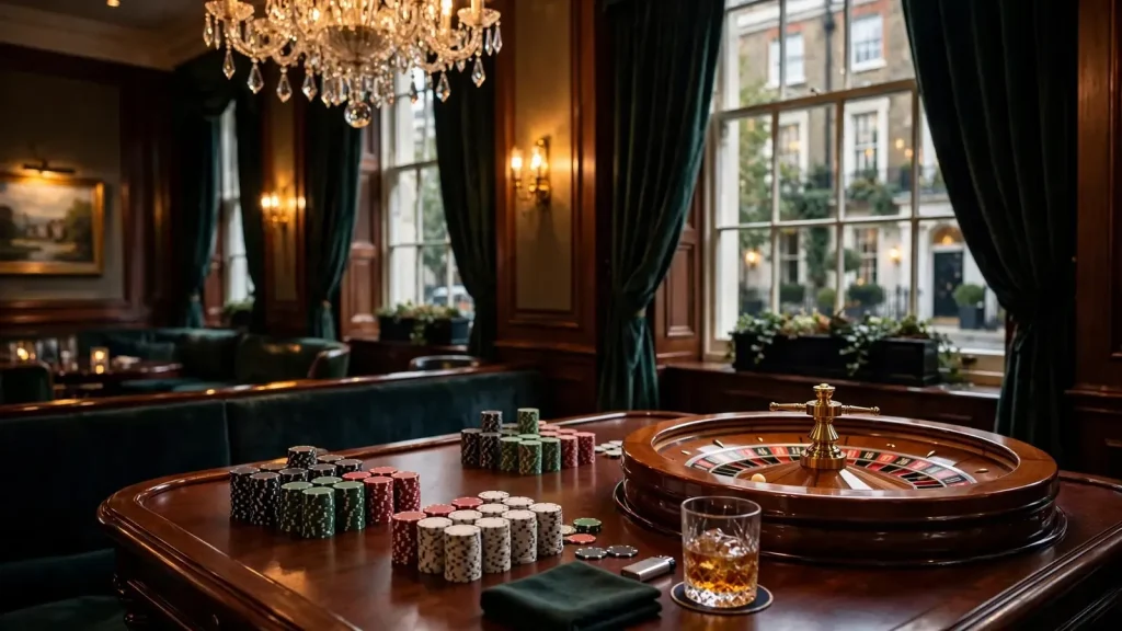 Luxurious high-roller casino lounge with chips and roulette wheel