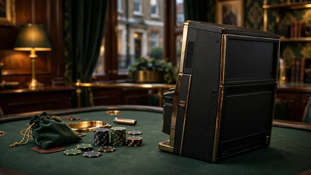 A sleek unlit slot machine with elegant chips in a premium British casino setting