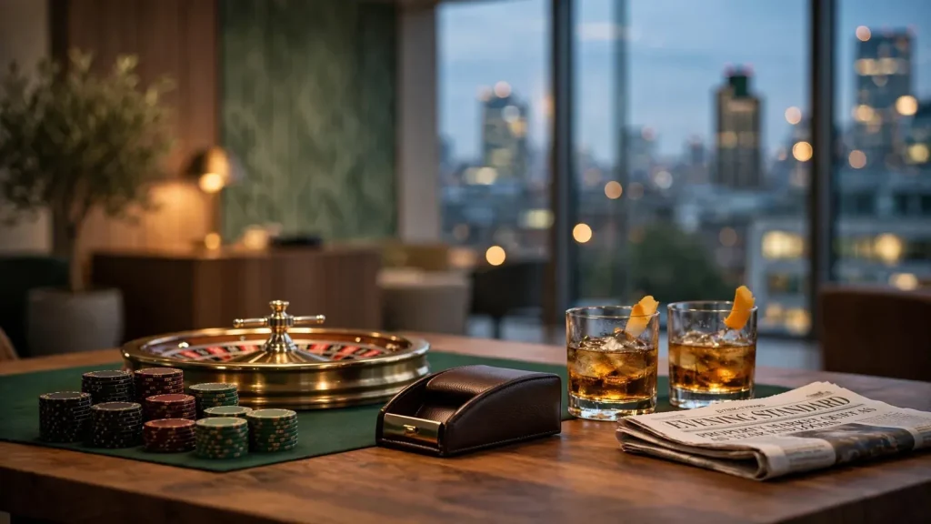 London office scene with casino chips, roulette wheel and whisky glasses at dusk