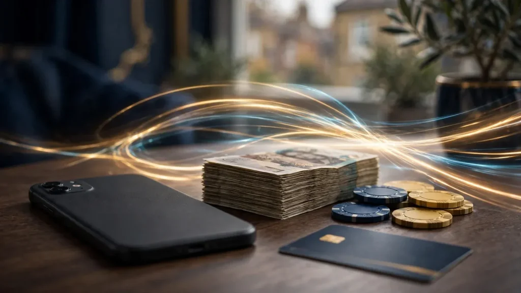 Phone, pound banknotes, and casino chips representing fast UK withdrawals