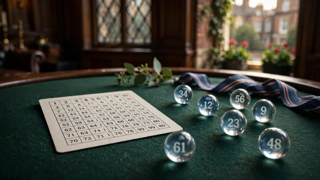 Numbered keno card and balls on green casino felt