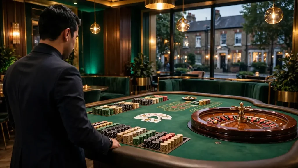 Elegant live casino studio with dealer, roulette wheel, cards and chips