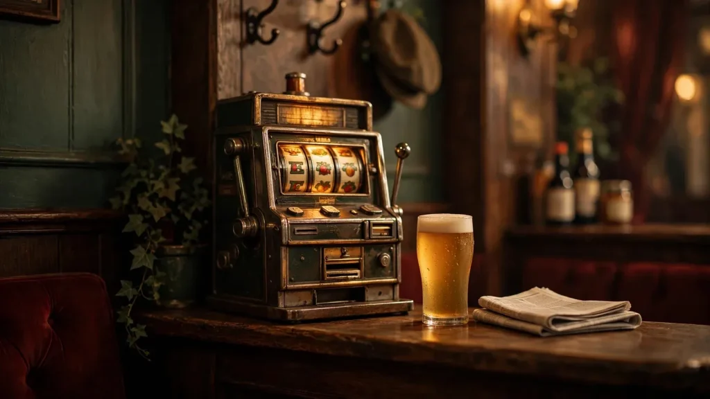 Cozy British pub with a glowing vintage slot machine