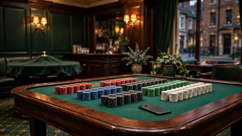 Warm-lit British casino table with chips and a face-down smartphone