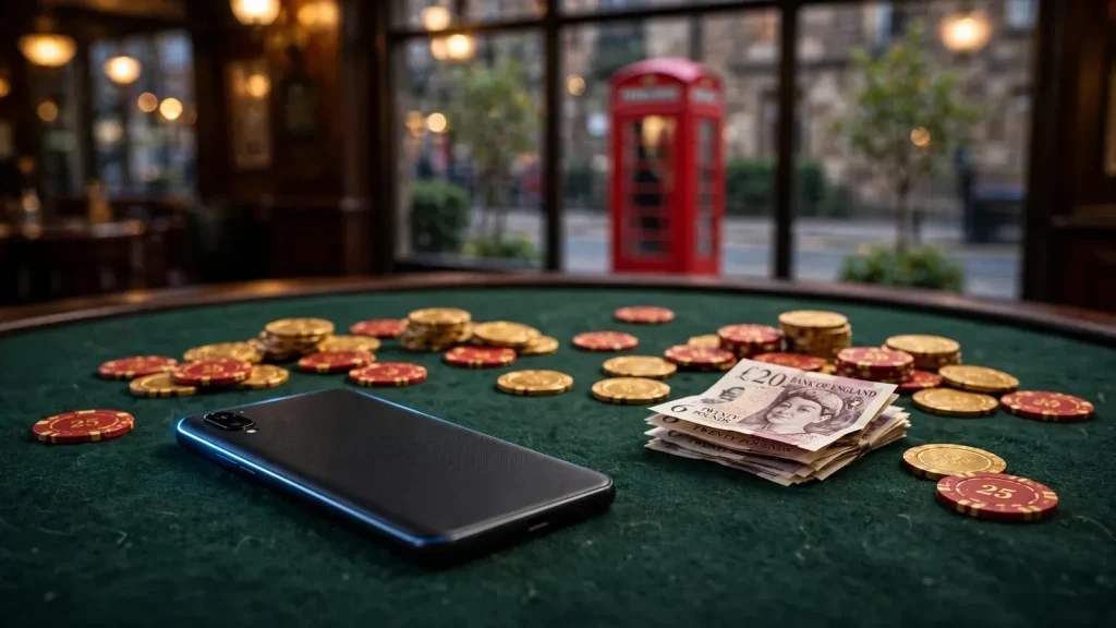 Smartphone on green casino table with chips and British telephone booth