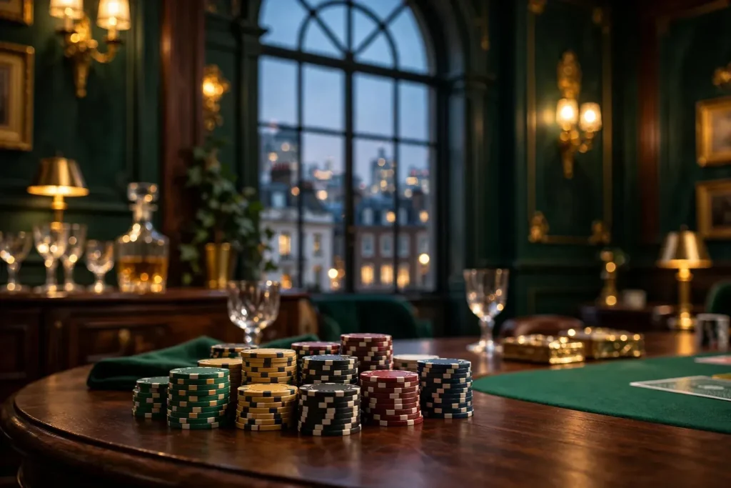 Elegant British casino lounge with chips and city skyline view