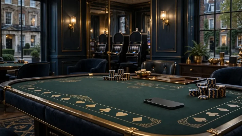 Elegant UK virtual casino lounge with hidden phone and slot motifs