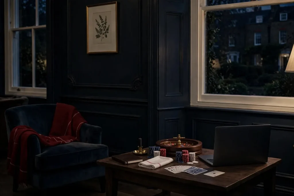 Closed laptop, roulette wheel and casino chips in a sophisticated British lounge.