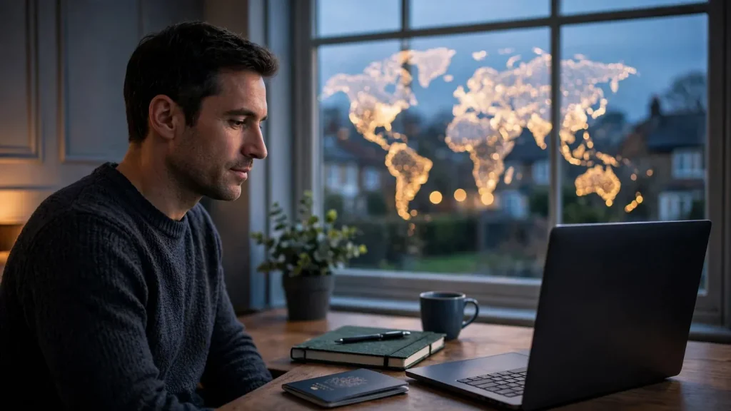 UK player reviewing international online casino options on a laptop at home