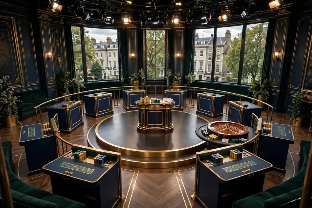 Elegant UK casino game-show studio with stage and physical game props