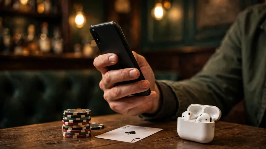 Hand holding smartphone on a pub table with casino chips and a playing card