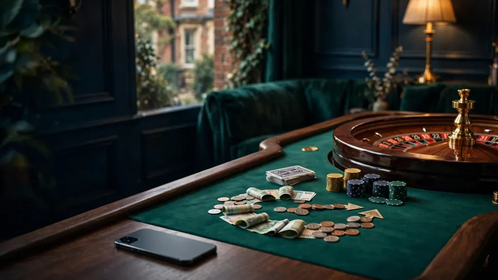 Elegant casino chips, cards and subtle cashback theme in a premium UK lounge