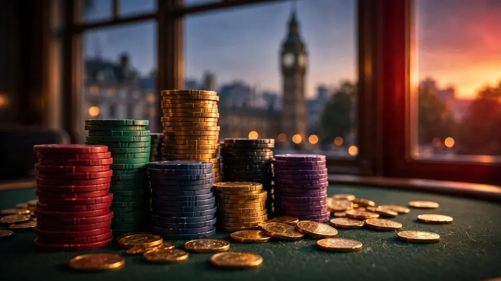 Casino chips and gold coins on green felt with London skyline silhouette at dusk