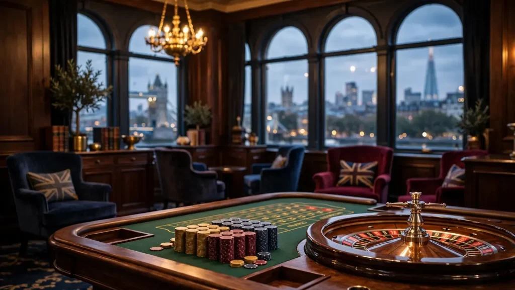 Elegant London casino lounge with roulette table, chips and dusk skyline