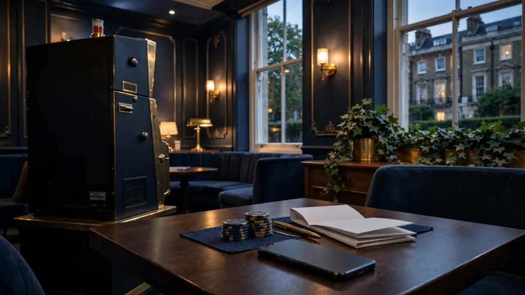 Dim British casino lounge with turned-away machine and face-down smartphone