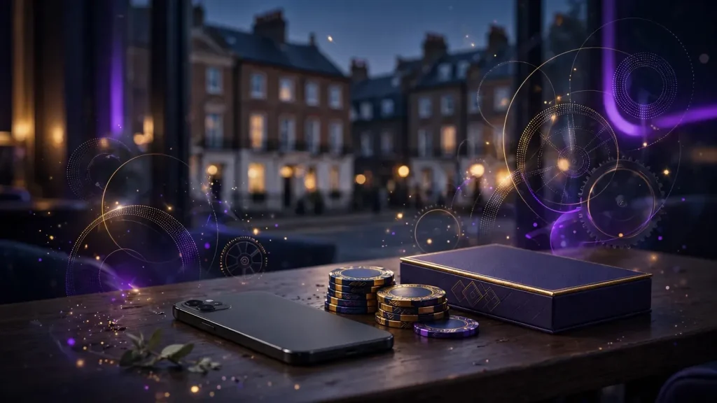 Face-down smartphone, casino tokens and abstract slot-themed lighting