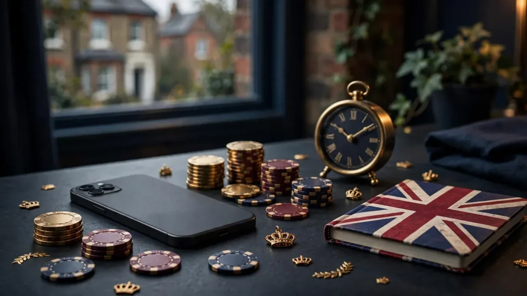 Turned smartphone, casino tokens and crown motifs on a UK-themed gaming desk