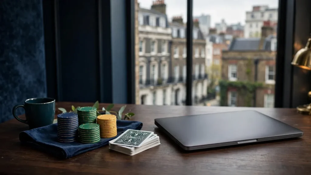 Closed laptop, casino chips and cards in a premium UK setting