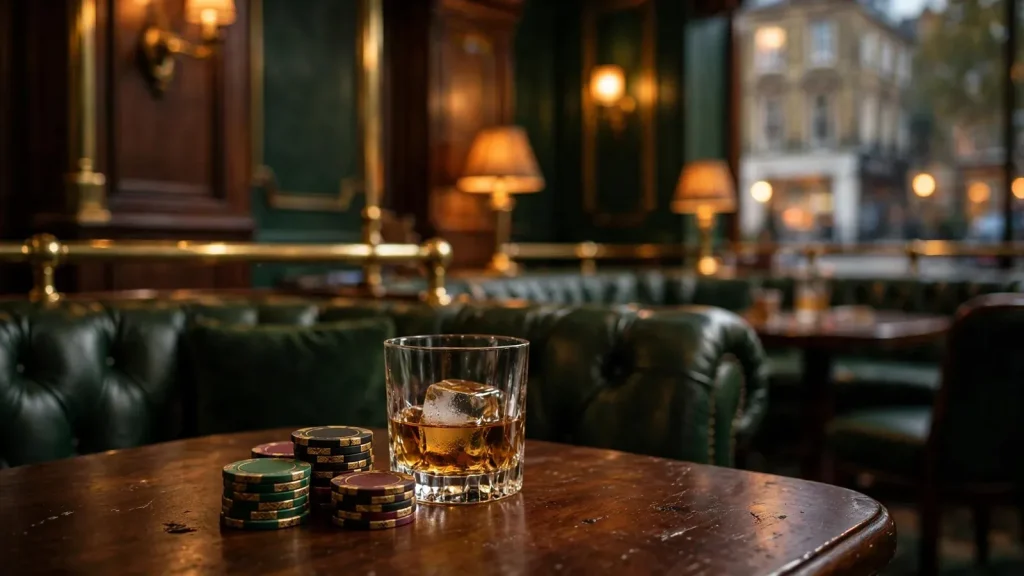 Elegant British casino lounge with whisky and chips on wooden table